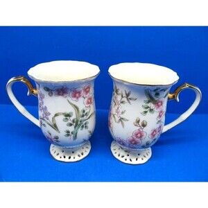 Nantucket Reticulated Foot Floral 4 3/4" Tall Mugs Bundle of 2